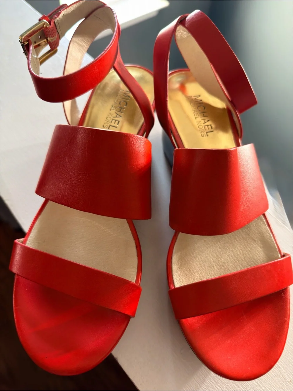 Michael Kors Coral Orange/Red Leather Ankle-Strap Sandals